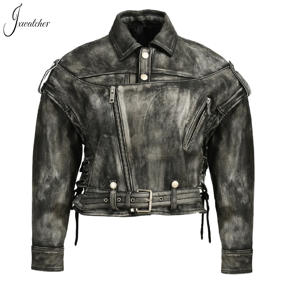 Jxwatcher Women\'s Real Leather Jacket Fashion Genuine Sheepskin Coat With Belt Ladies Spring Leather Jacket Sleeve Removable