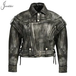 Jxwatcher Women's Real Leather Jacket Fashion Genuine Sheepskin Coat With Belt Ladies Spring Leather Jacket Sleeve Removable