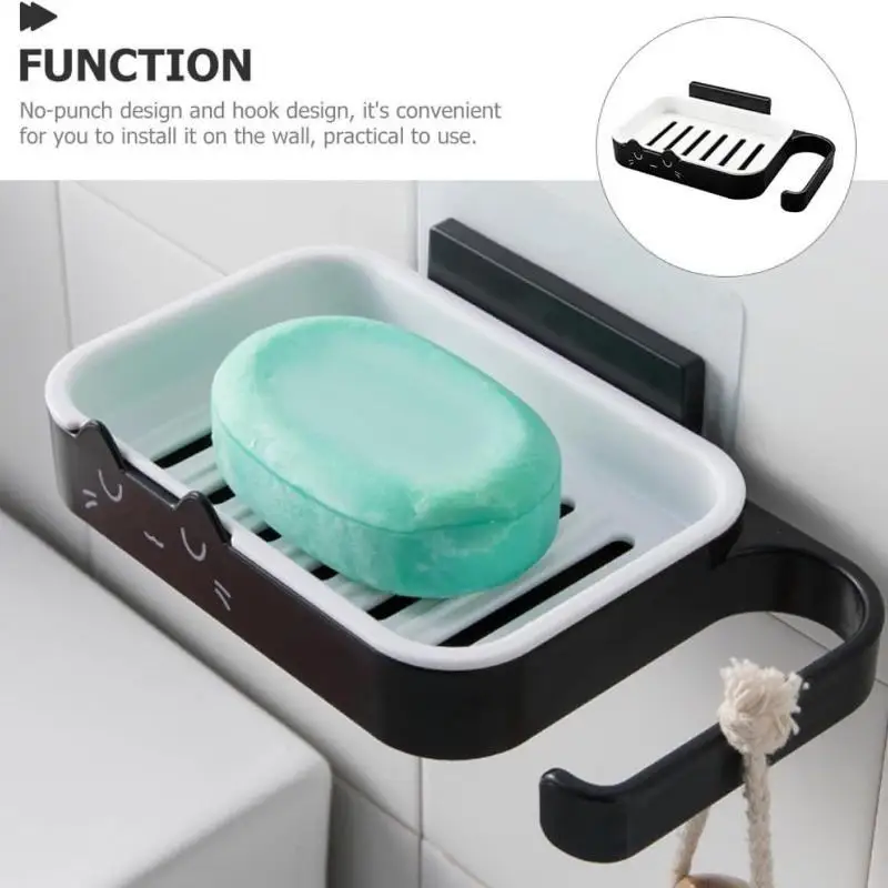 Cute Cat Shaped Wall Mounted Soap Dish Drain Rack Self Adhesive Soap Holder for Kids Bathroom Shower Decor