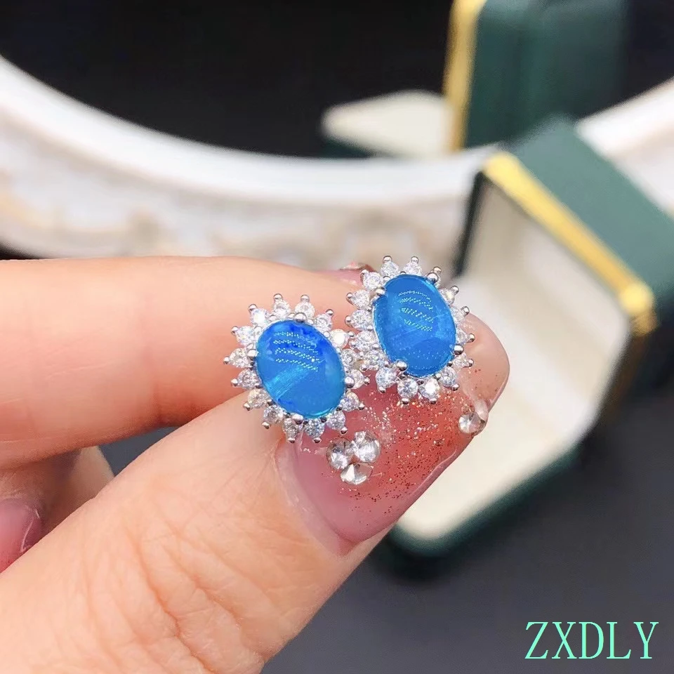 2023 Classic Natural Opal Stud Earrings 6x8mm Size Blue Gemstone With Certificate Real 925 Silver Earrings Simple Girl Gift