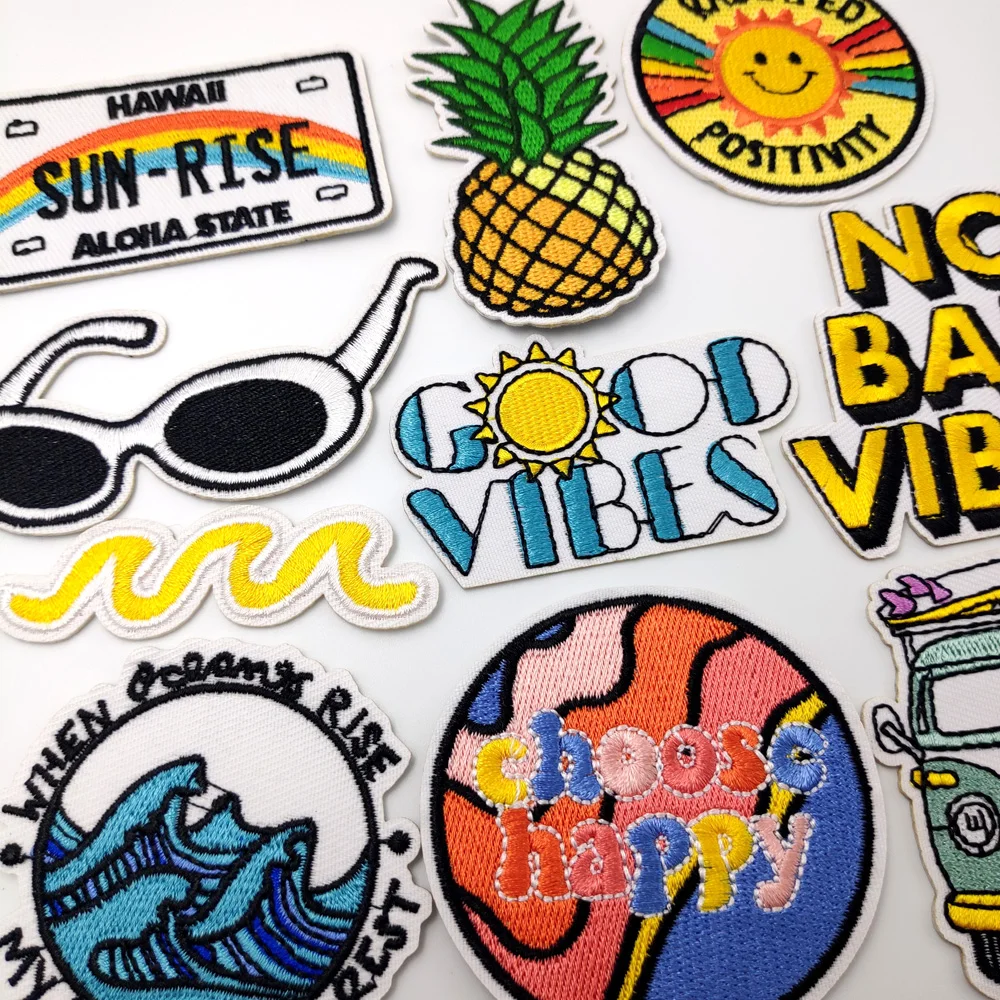 Sunglasses Sun Pineapple Patches Embroidery For T-Shirt Iron On Appliques Clothes Jeans Stickers Badges Bus Sea Wave