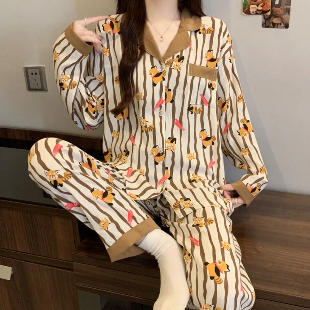 

Женские осенние пижамы с длинными рукавами и лацканами, милая одежда для сна в полоску с рисунком енота, домашняя одежда, женские повседневные комплекты одежды, одежда для дома