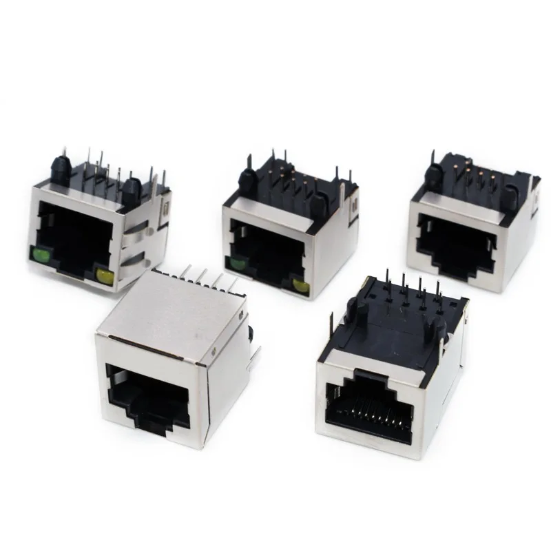 Conector RJ45 Newwork Interface, cabeça de cristal, blindagem luzes, PCB Ethernet, 90 graus, 8P8C