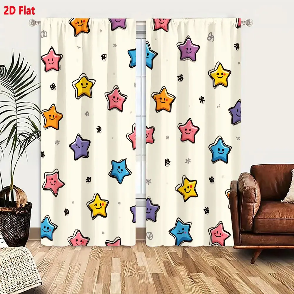 2Pcs Curtains 2D Flat Cheerful Cartoon Stars Seamless Pattern With Happy Faces On Pale Cream Background For Textiles And Wrappin