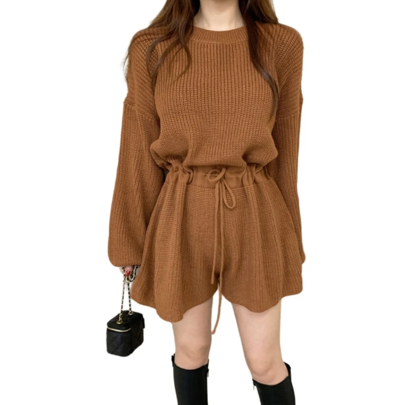 Versatile Knitted Jumpsuit for Women Loose Fit Long Sleeve Shorts Tie Waist Perfect for Any Occasion