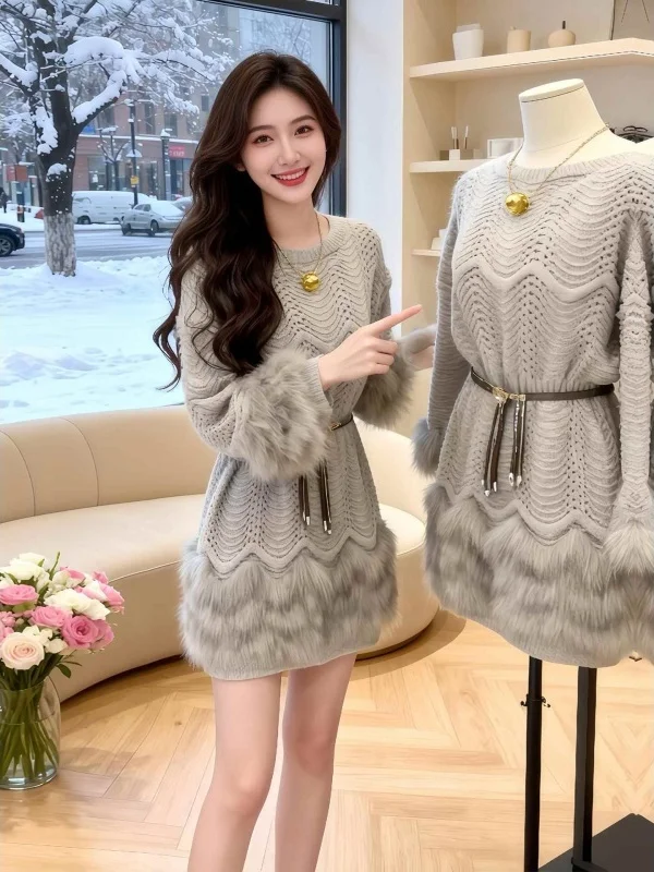 

Вязаное женское модное осеннее платье с высокой талией, А-силуэт, теплое, с длинными рукавами, удобное для повседневной носки, в корейском стиле