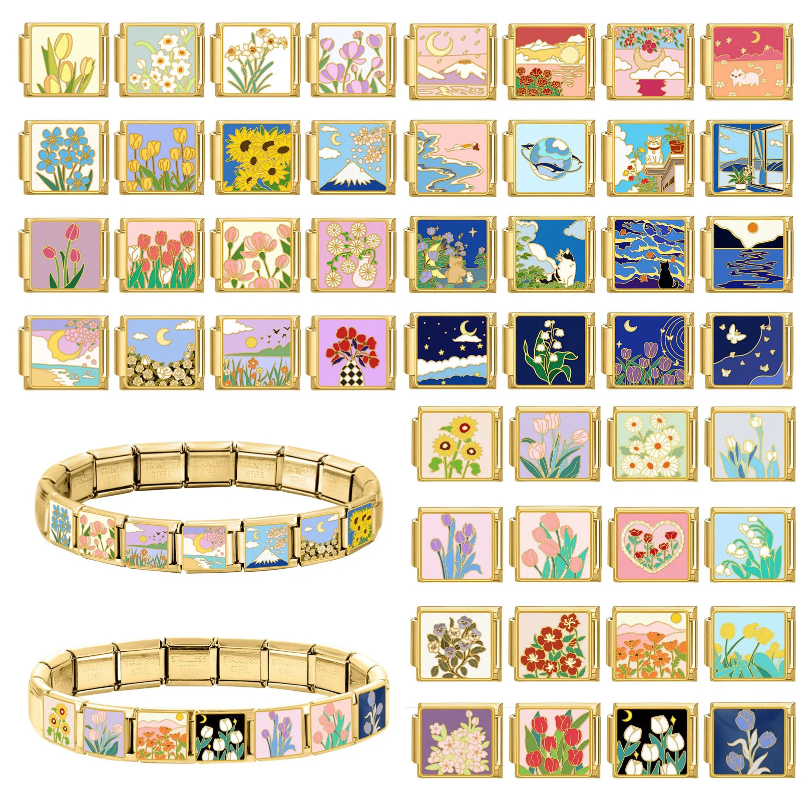 Y2K Gold Color Bear Cat Blue Sky Rose Flowers Moon Italian Charm Link Fit 9MM Stainless Steel Bracelet Women DIY Making Gifts