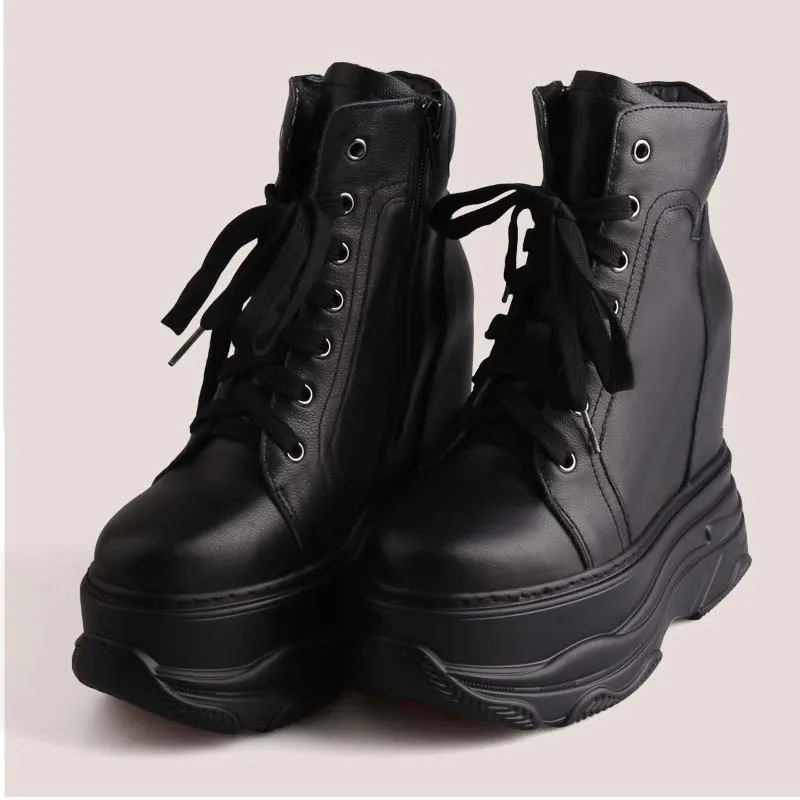 14 cm super high heels thick sole platform women boots height increasing sneakers genuine leather ladies wedges pumps ankle boot