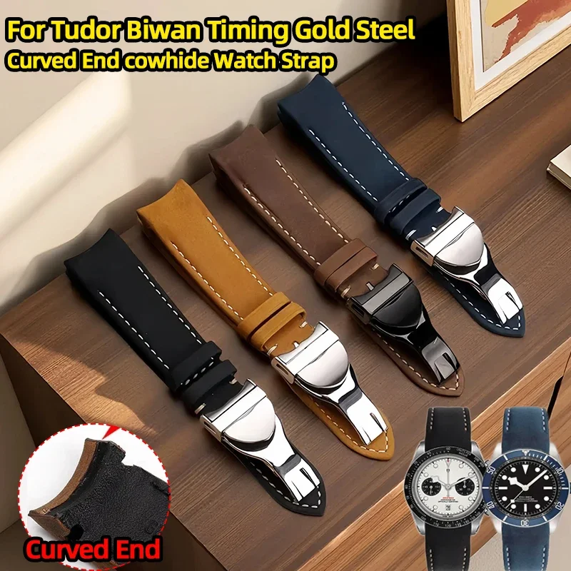 20mm 22mm For Tudor Biwan Timing Gold Steel M79363 M79360 Tudor Curved End cowhide Watch Strap Black Brown blue watchband