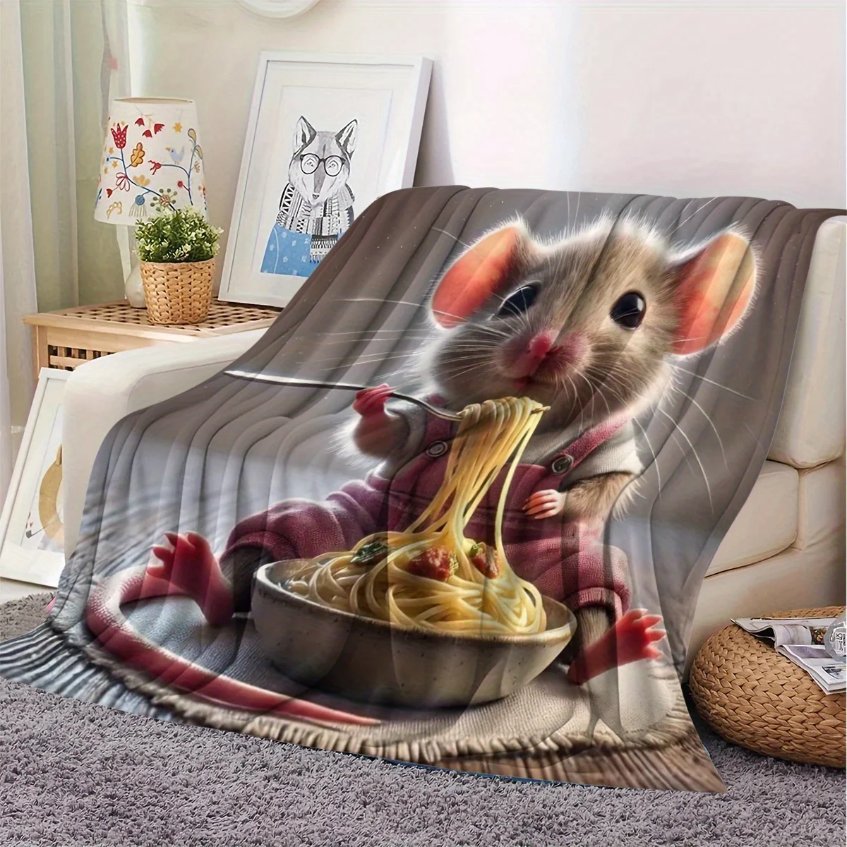 Cute Mouse Eating Spaghetti Flannel Throw Blanket Adorable Little Mouse In Pink Overalls Enjoying Pasta Vivid Cartoon Art Print