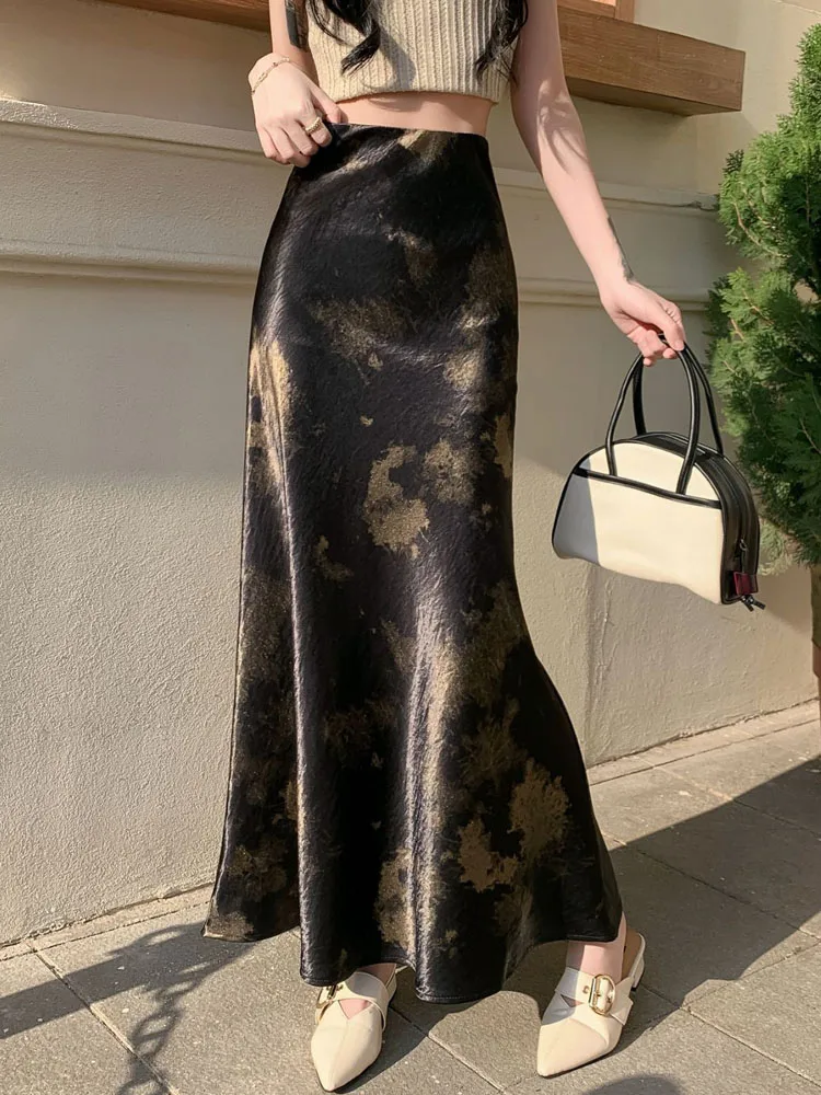 

Новая китайская юбка из ледяного шелка Fi Tail f, женская летняя атласная юбка из ацетата, винтажная длинная юбка с запахом