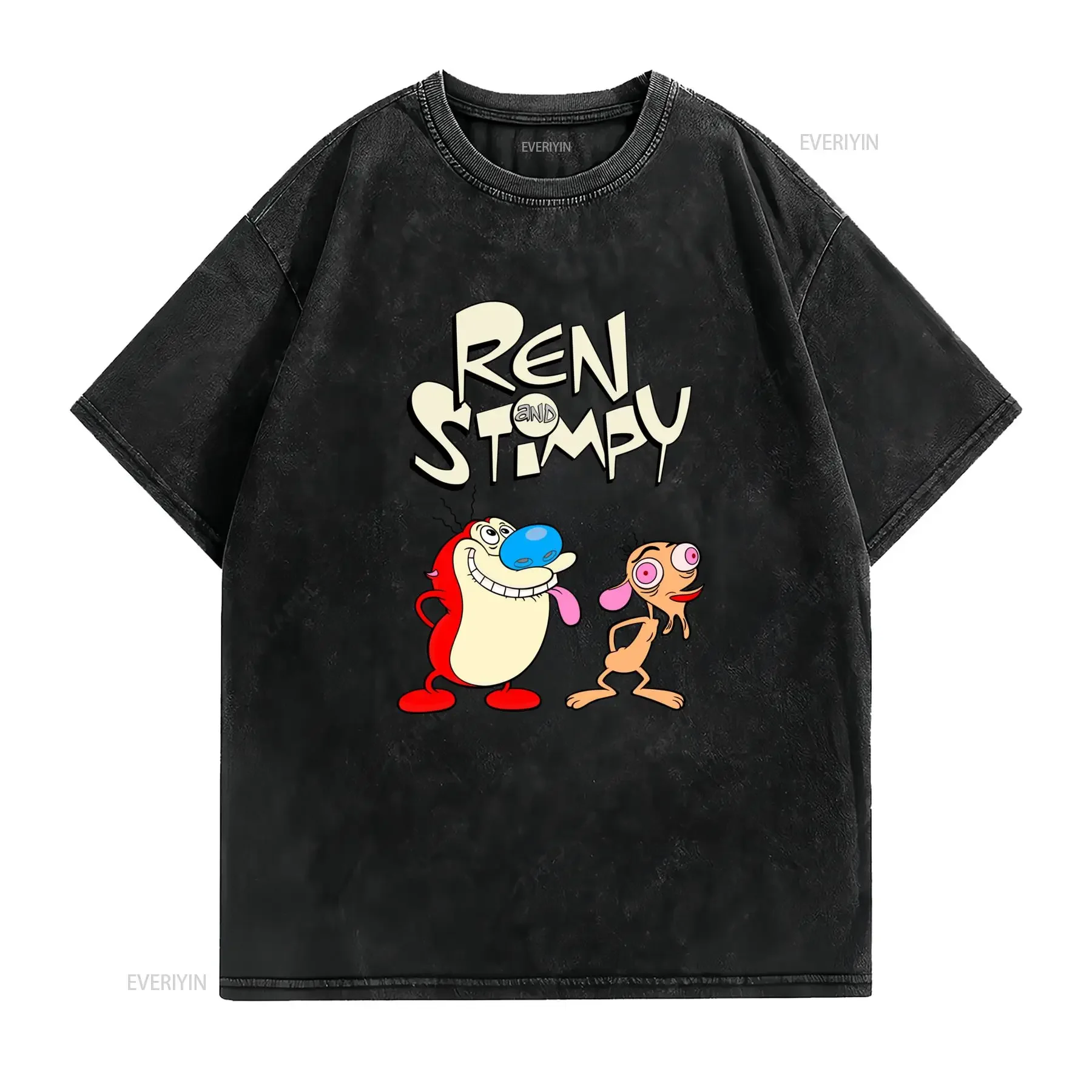 Retro 90s Ren and Stimpy Funny Cartoon Character Print Casual T Shirt vintage Washed Breathable Versatile Comfortable