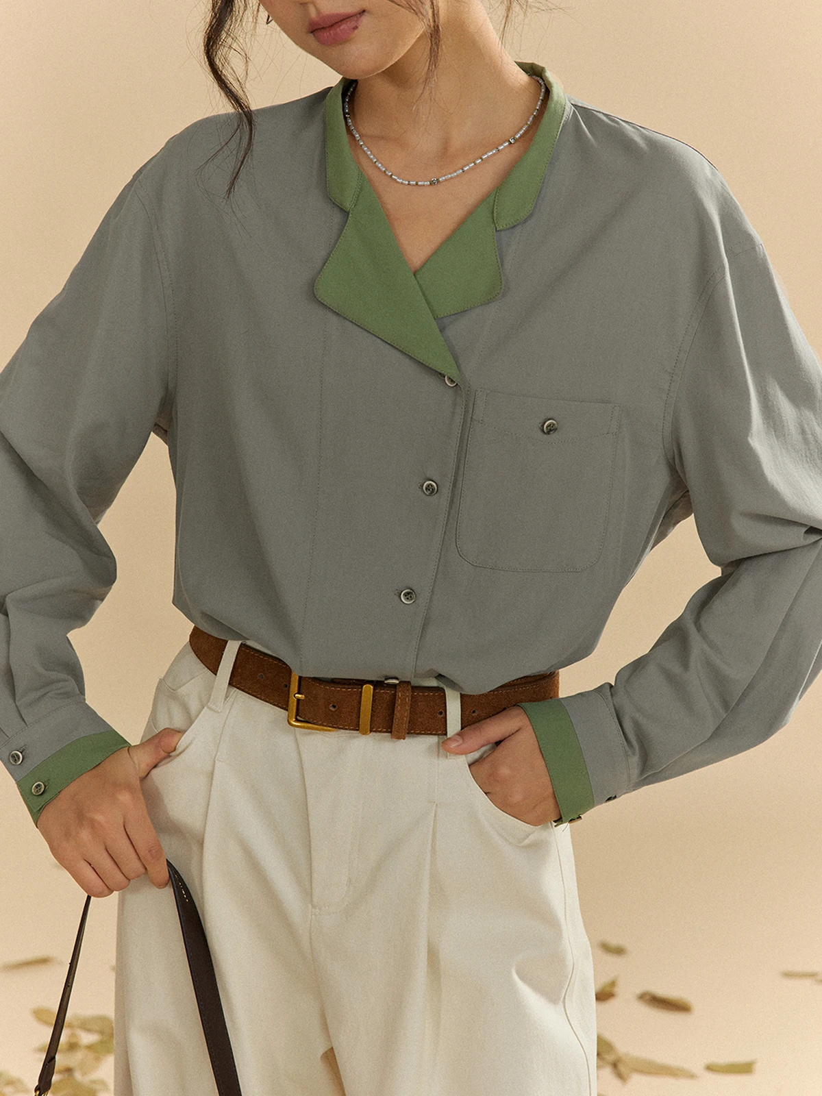 

Solighter Bamboo Fiber Asymmetric Color Blo Collar Loose Women's irt Vintage Commute Sle Long Sve Pure Color Button up