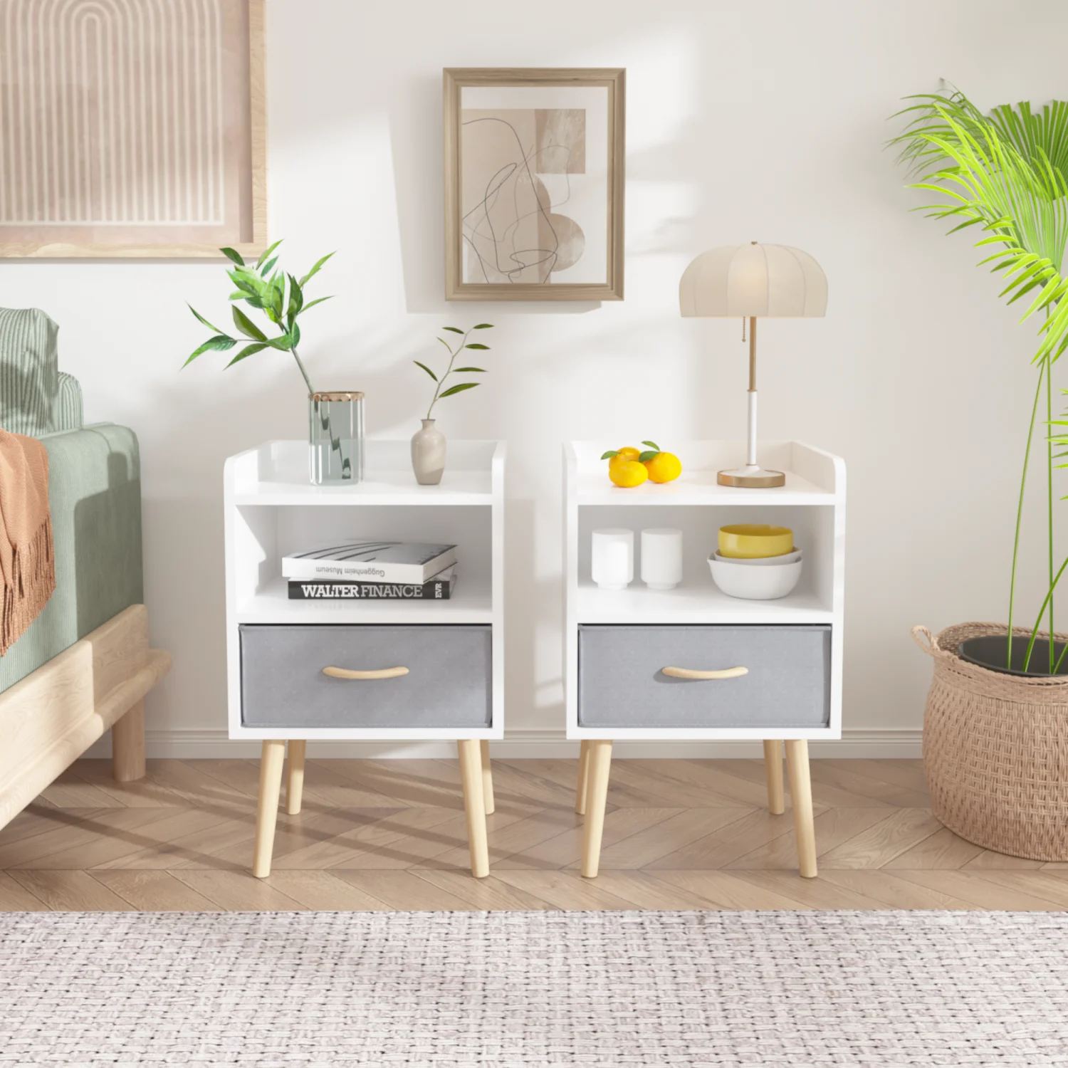 

2PC Nightstand Collapsible Fabric Drawer 2-Tier Storage End Table Wood Side Table Storage Cabinet Bedroom Living Room White