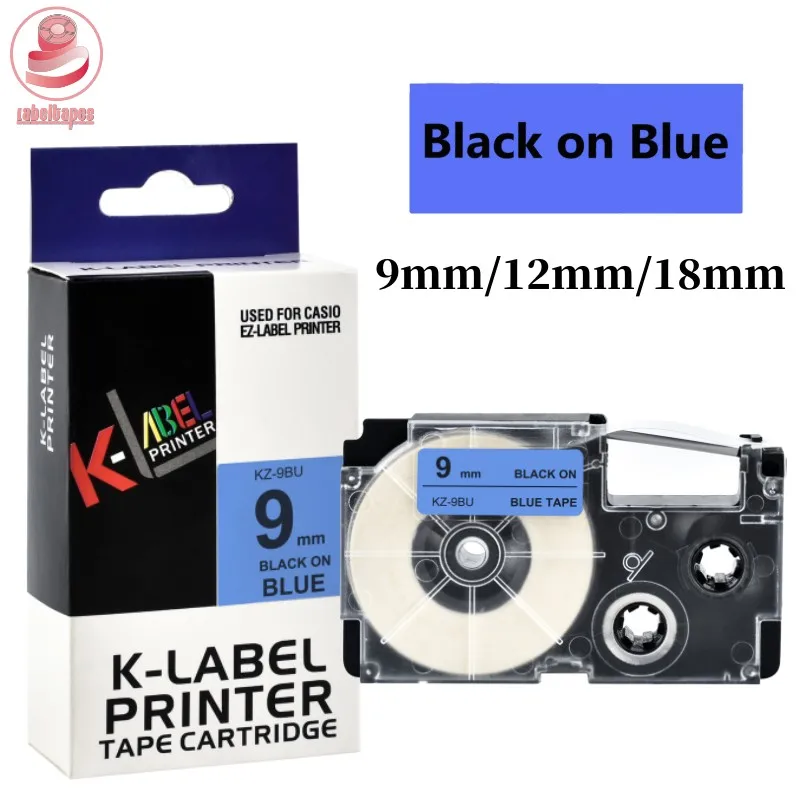 9/12/18mm Black on Blue Label Tape Compatible For Casio KL-120 KL-60 KL-820 KL-780 Label Maker Labeller kz-9BU KZ-18BE KZ-12BU