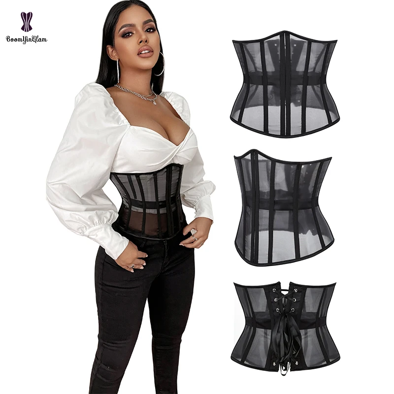 

Plus Size S-XXXL Black Slimming Wide Belt Chest Binder Cupless Bustier Lower Belly Flat Mesh Underbust Corset For Women