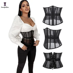 Plus Size S-XXXL Black Slimming Wide Belt Chest Binder Cupless Bustier Lower Belly Flat Mesh Underbust Corset For Women