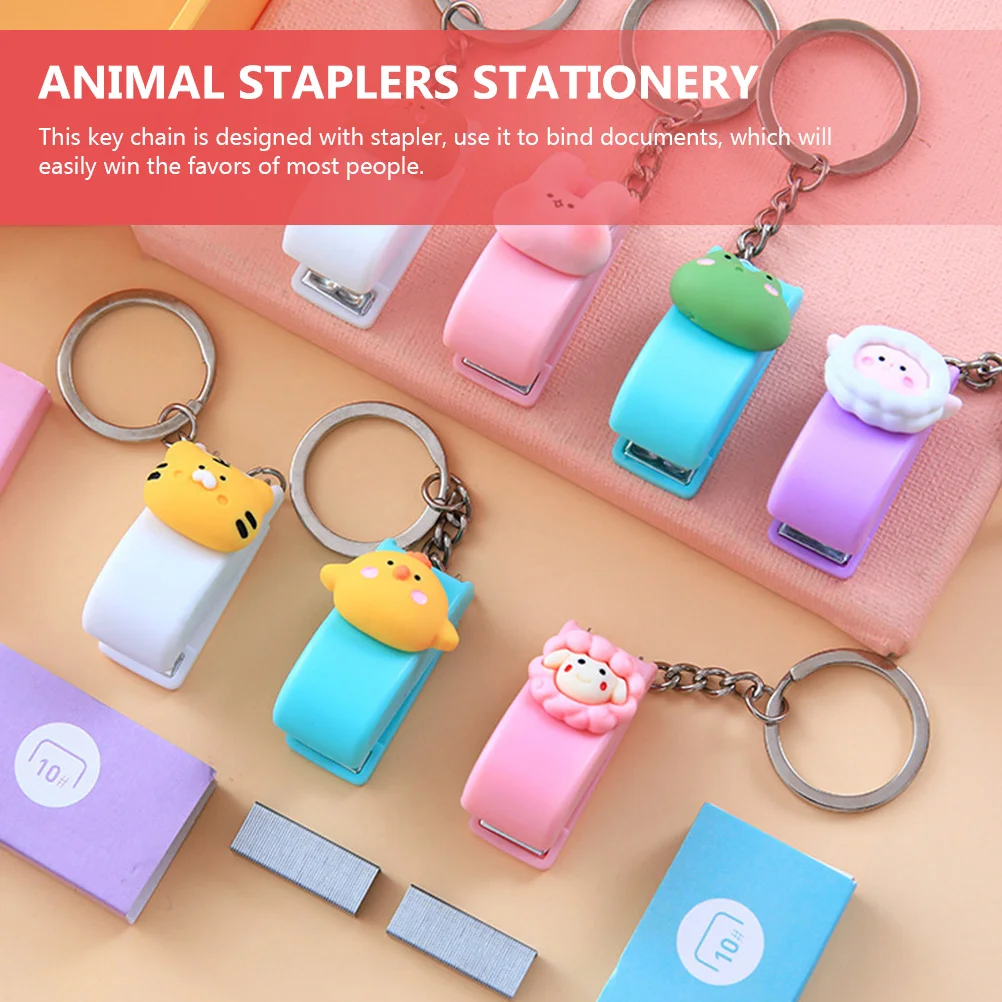 5 Pcs Office Supplies Small Stapler Portable Animal Staplers Stationery Colorful Staples with Key Chain Keyring