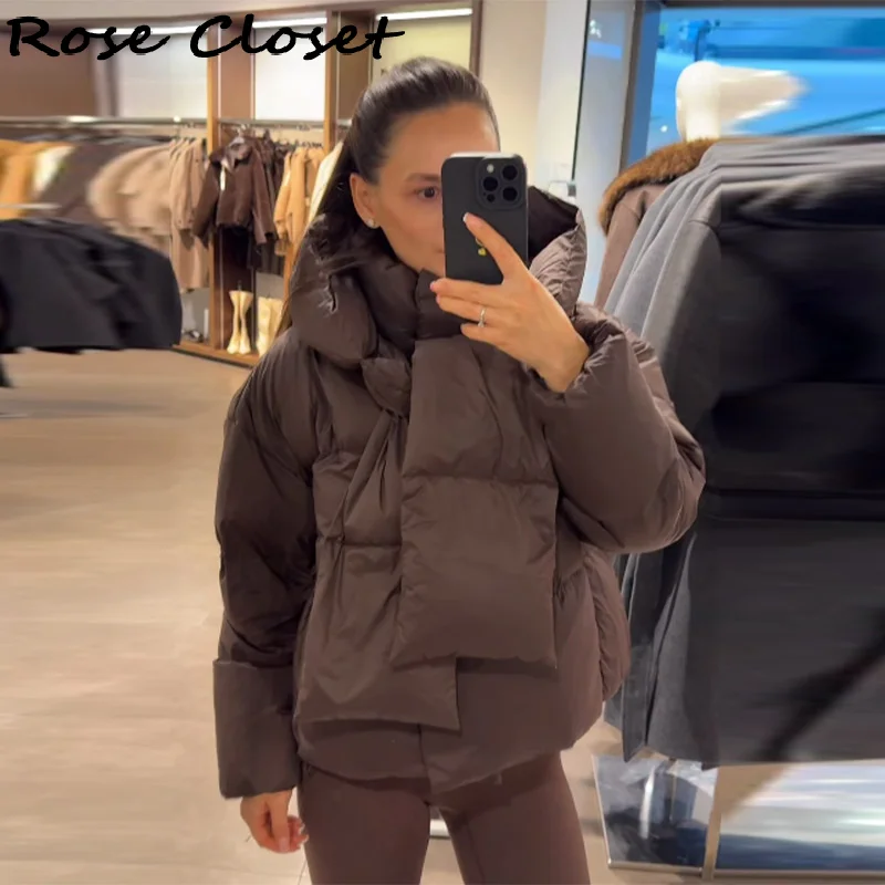 

Thicken Women's Down Jacket Brown Detachable Scarf Collar Hooded Cotton Padded Coats Warm Outerwears 2025 New Winter Lady Coats