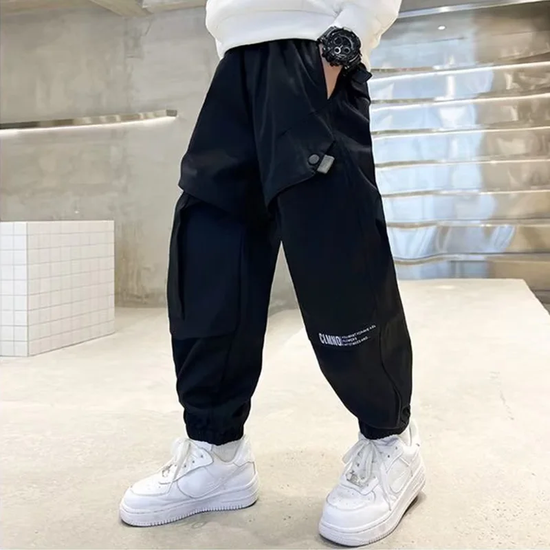 Spring Autumn Boys Cargo Pants Solid Letter Print Loose Cotton Sweatpants For 4 6 8 10 12 14 Years Kids Clothes Casual Trousers