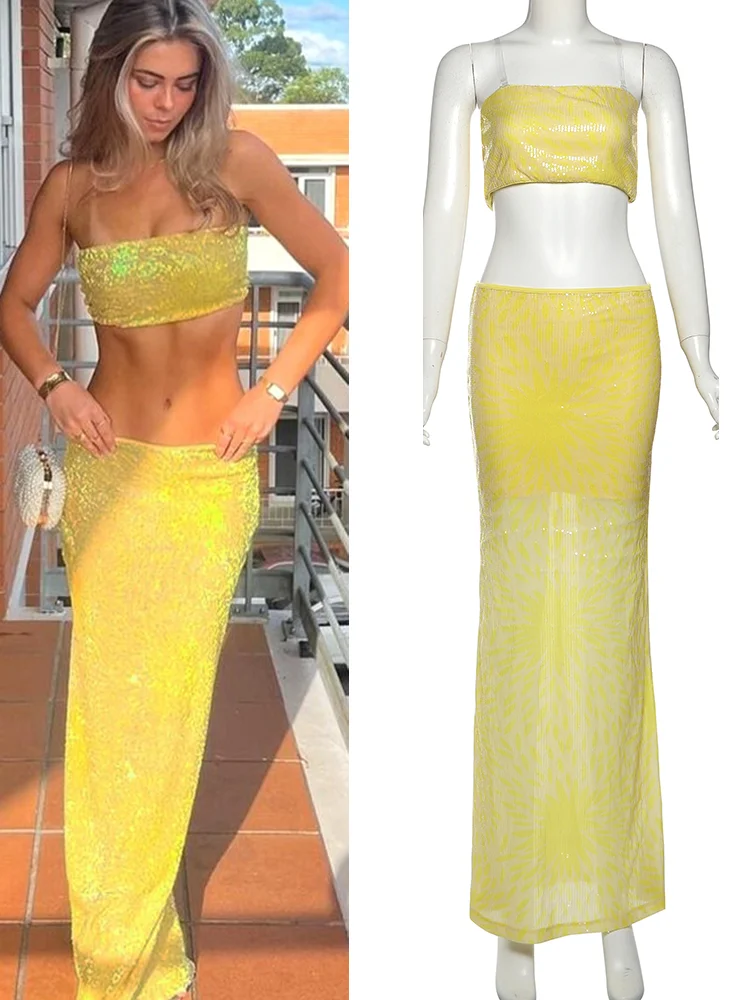 

Nibber Sexy Chic Sequins 2-Piece Set Women Mini Wrap Tops+Long Skirts Skinny Summer Trend Beach Party Matching Vacation Suits