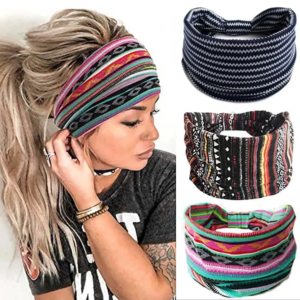 Boho African Headbands for Women and Girls Yoga Wide Knot Hair Bands Printed Headwraps Elastic Turban Headscarfs Accessories