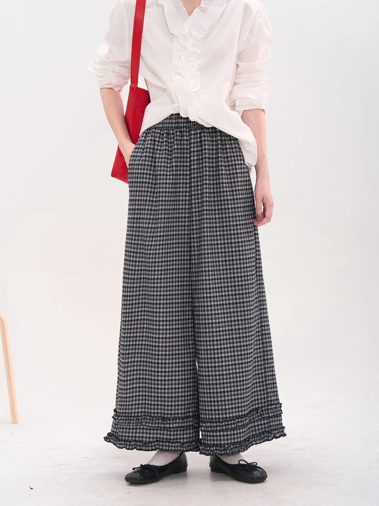 

Женские повседневные брюки Island Memory Heme с высокой талией, прямые, в клетку, с кружевной отделкой, осенние модные широкие брюки