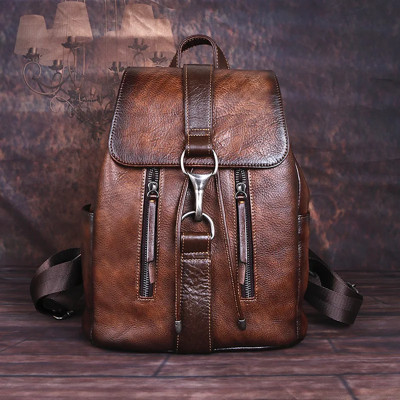 

Vintage First Layer Cowhide Drawstring With Metal Buckle Backpack Europe And United States Fashion Personalized Leather Backpack