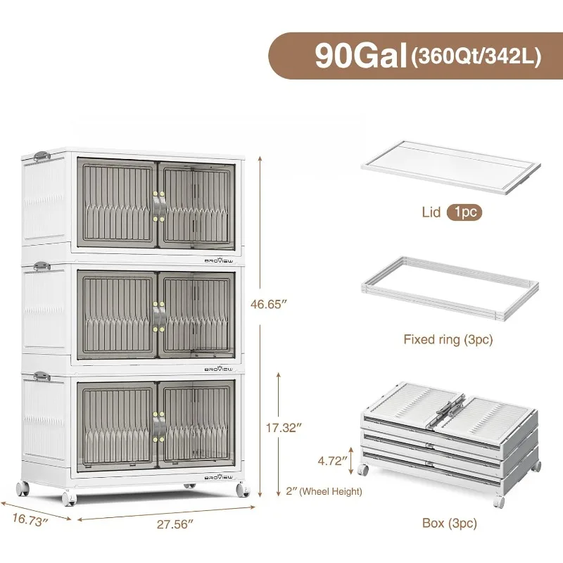 90gal/360qt Bins with Lid, Closet Organizer and , Stackable Drawer with Wheel, Collapsible Clothes Storage Cabinet