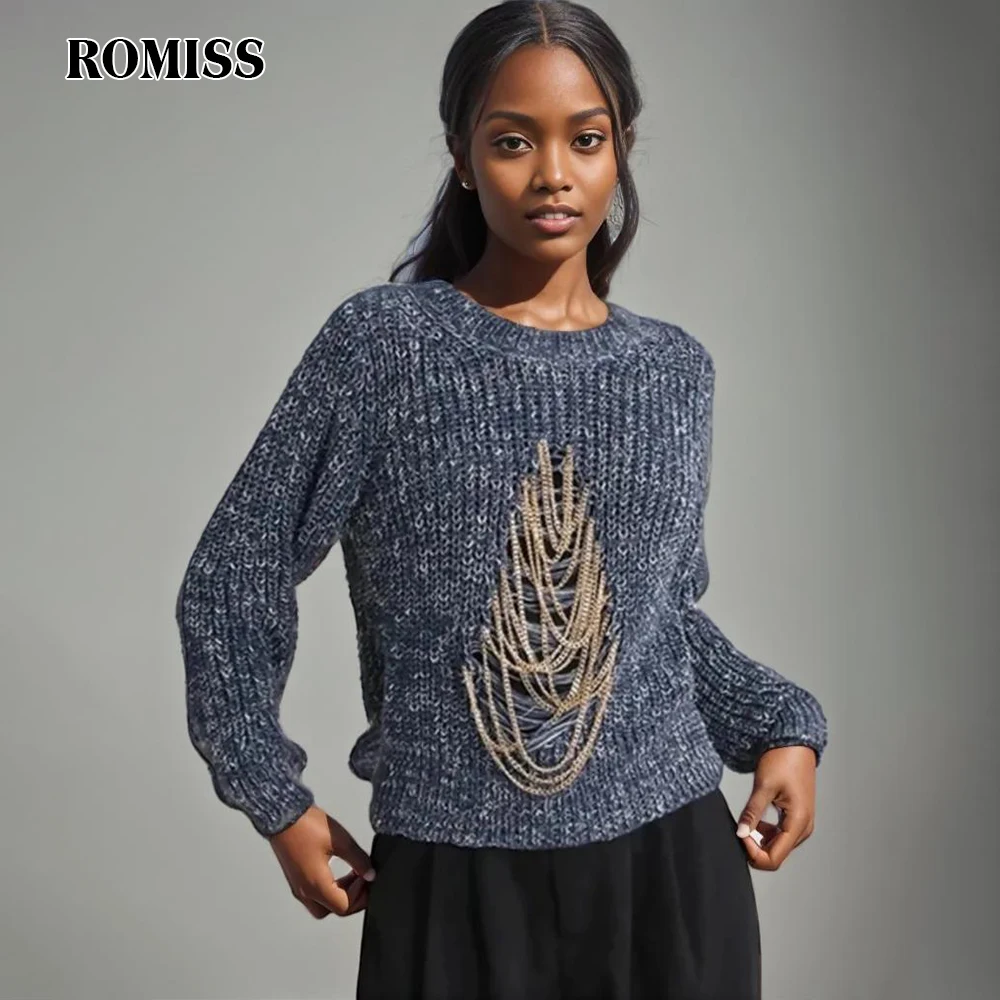

ROMISS Colorblock Hollow Out Knitting Sweaters For Women Round Neck Long Sleeve Patchwork Chain Casual Pullover Sweater Female