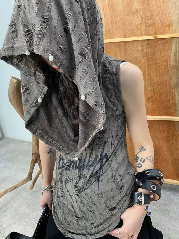 Street Hole Hollow Out Tops Women Pearl Button Print Hoodie Tee Shirt Y2k Grunge Slim Fit Sleeveless T-shirts Vest Tanks