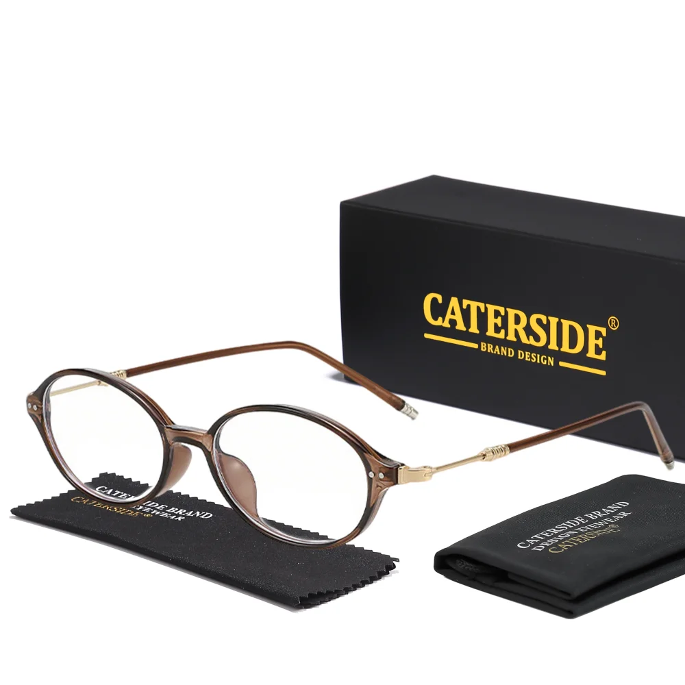 CATERSIDE New Retro Men's Oval Flat Lens High-Quality Tr-90 Small Glasses Frame Metal Core Insert Leg Women's Decorative Glasses