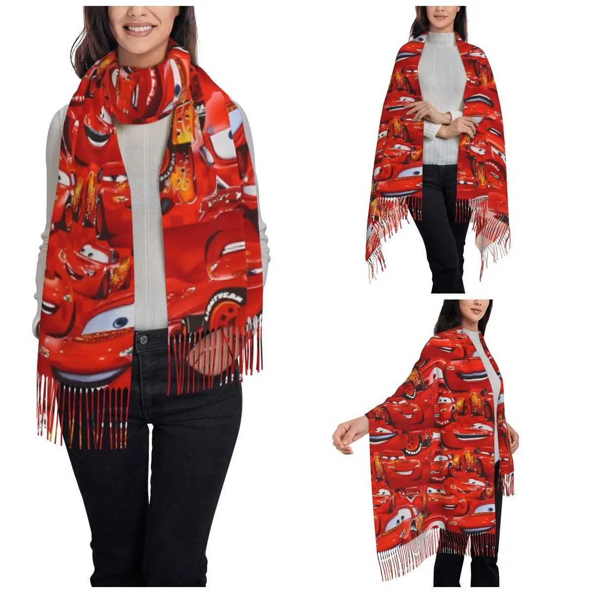 Womens Tassel Scarf Lightning Mcqueen 95 Pattern Cars Long Winter Fall Shawl Wrap Gifts Pashmina Scarves