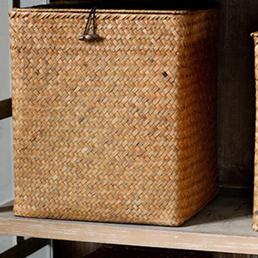 

Durable Straw Basket Large Woven Storage Basket with Lid Multipurpose Organizer for Home Desktop Kitchen Picnic Storage Case