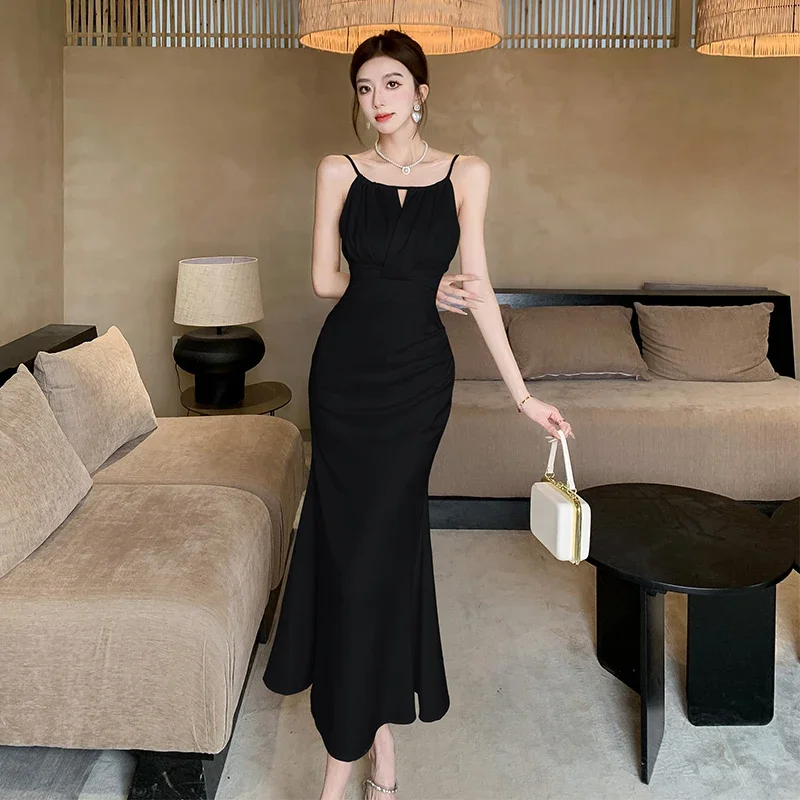 女性のためのレトロなフレンチホルタードレス,長いサテンのドレス,フィッシュテール,感覚ストラップ,ハイエンドの感触,夏,2022