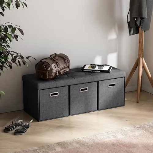 

Foldable Tufted Linen Large Long Bench Ottoman Foot Stool Seat with 3 Drawer Cubes - 15" x 40" x 15", Black Vanity stool Cow