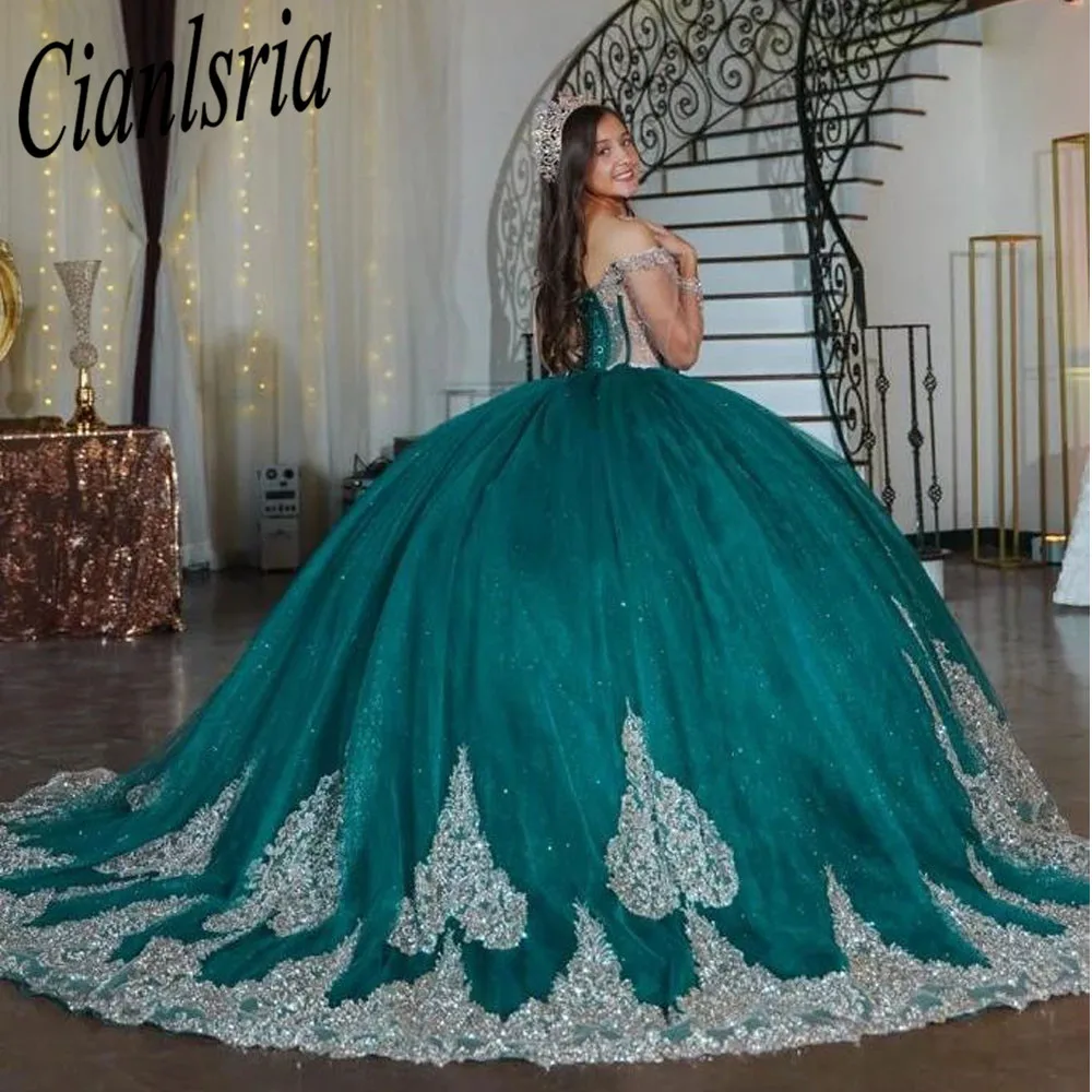 Dark Green Quinceanera Dresses Off Shoulder Medieval Prom Dress Applique Lace Up vestido De 15 Anos Robe Ball16 Dresses