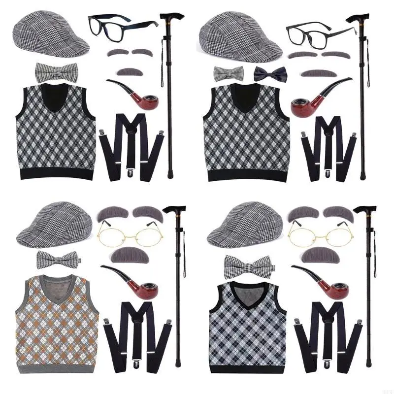 B95F Conjunto disfraz 100 días escuela para niños, disfraz anciano Halloween, sombrero, chaleco para abuelo,
