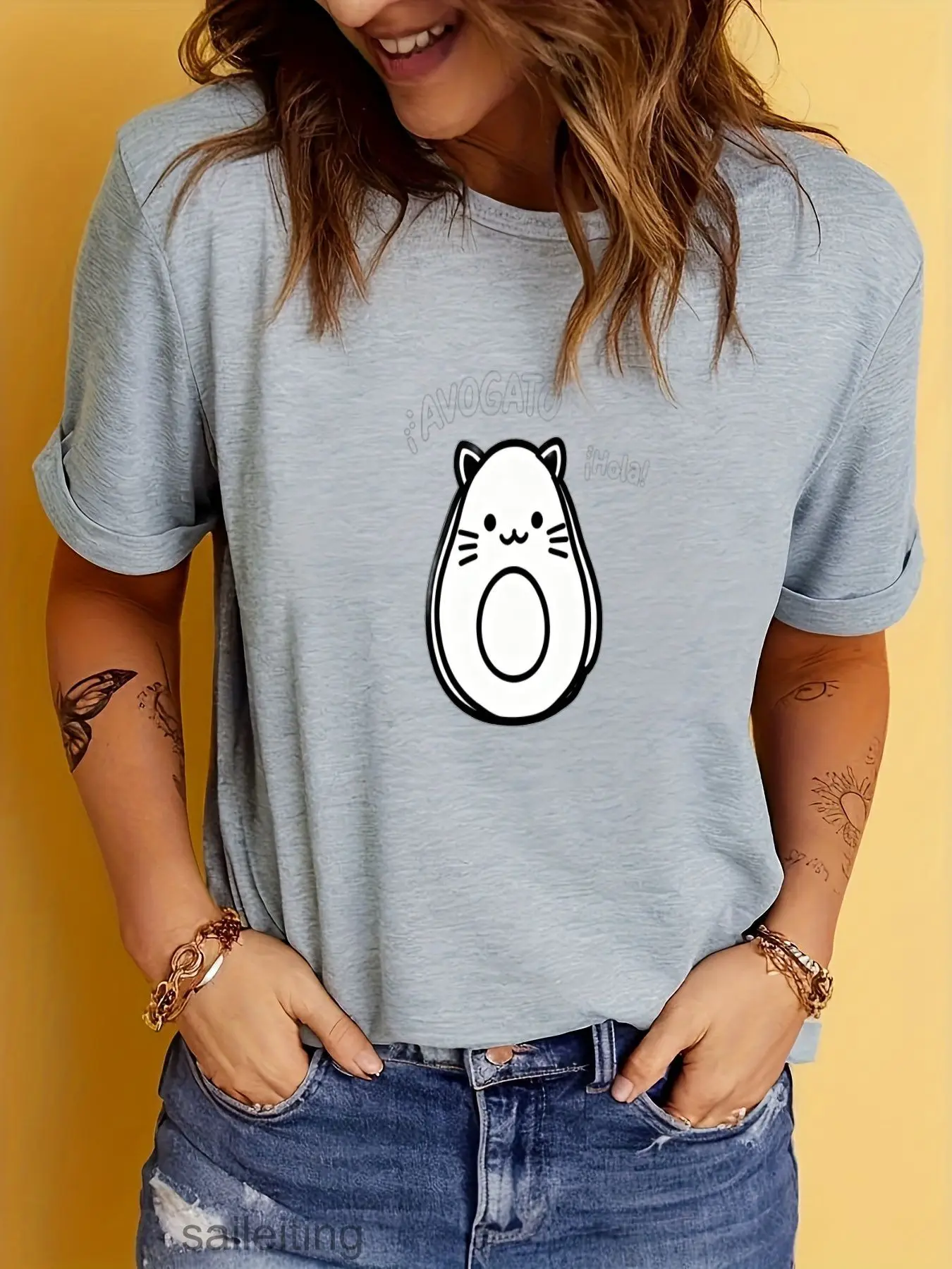 Fancy Cat Avocado T-Shirt Women Men Cute Cartoon Graphic Tee Short Sleeve Summer Casual Soft Breathable Top Gift for Friends