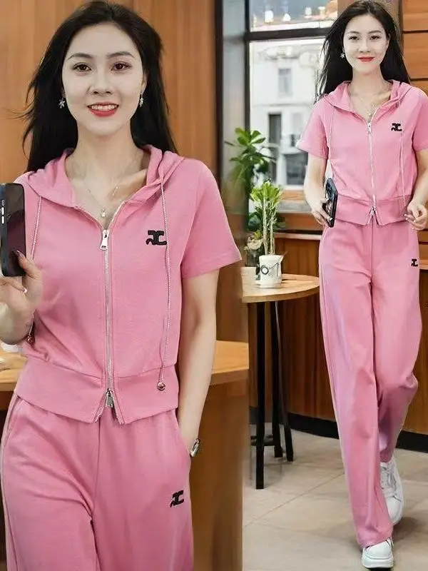 

plus Size Fashionable Sportswear Set Summer Short Sleeve Hoodie Anti-Aging Two-Piece Set Comfortable High Waist Pants Casual ...