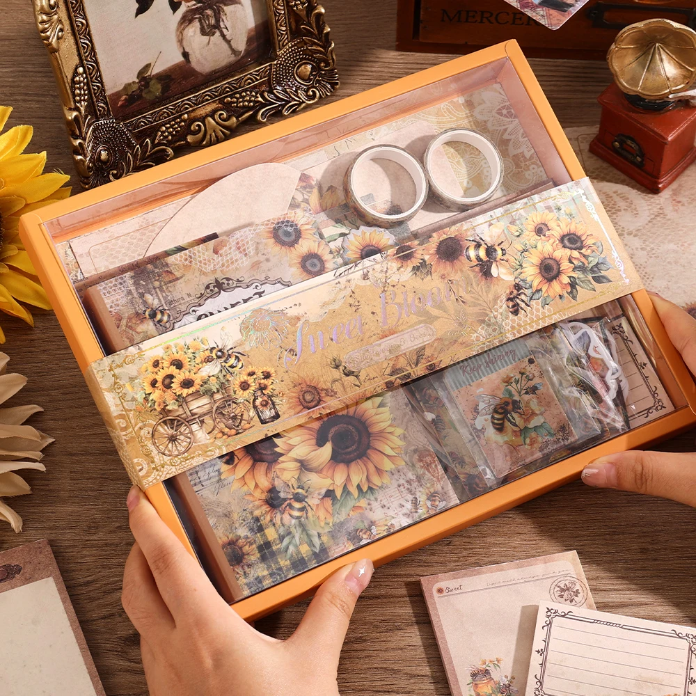 1 Set Vintage Sunflower Craft Kit Mixed Scrapbook Paper Tape Notebook Stickers For Junk Journaling Planner DIY Stationery Gift