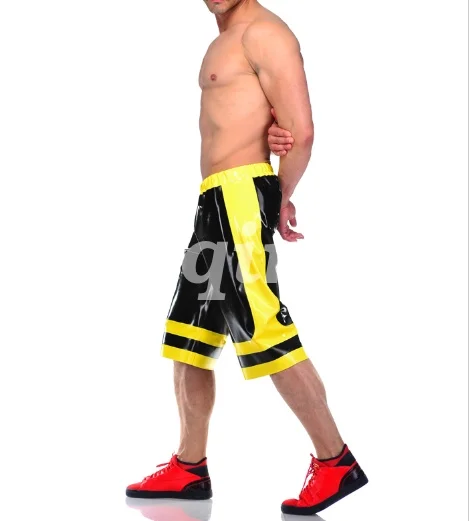 Latex male handsome yellow and black boxer shorts over the knee track shorts, size S-XXL