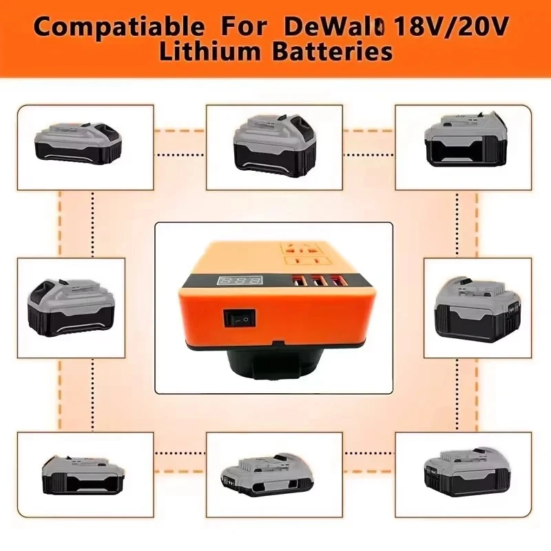 220V Multifunction Intelligent Lithium Battery Inverter Outdoor USB Power Bank For DeWal Makita Milwaukee Portable Power Source