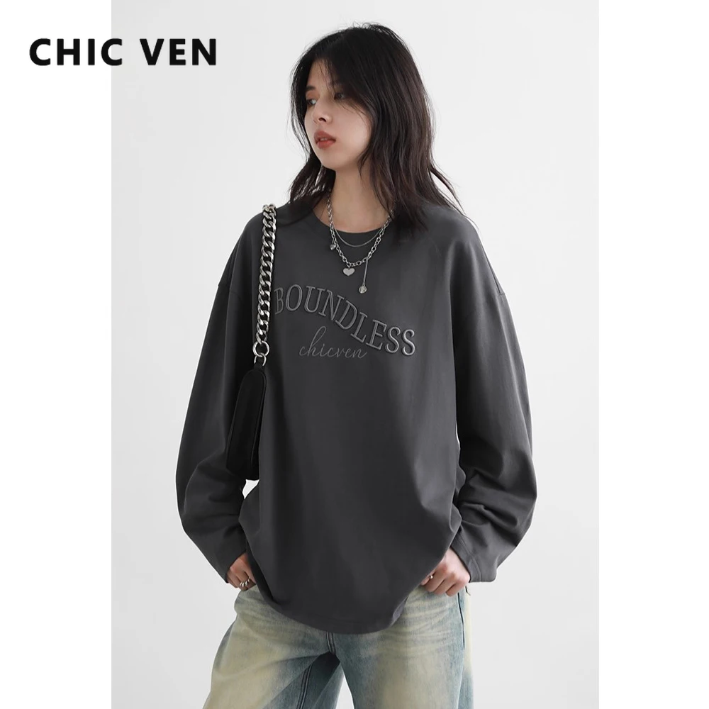เสื้อสเวตเชิ้ตผู้หญิง CHIC VEN ทรงหลวม สไตล์ลำลอง แขนยาว ปักลายตัวอักษร ผ้าฝ้าย เสื้อคลุมผู้หญิง สำหรับฤดูใบไม้ผลิและฤดูใบไม้ร่วง ปี 2025