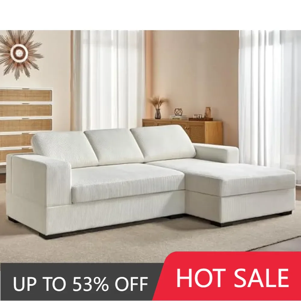 96 inch Oversized Sectional Sofa, Modern Couch with Chaise, Comfy Sofa Couch with Right Chaise, White Corduroy Sofa