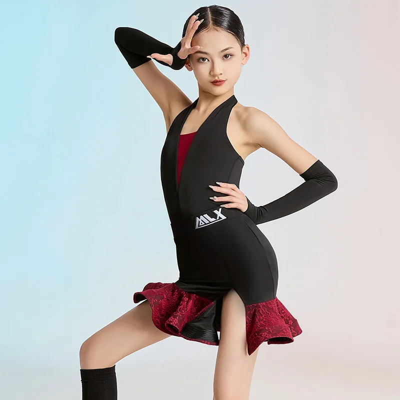 Sommer Neue Latin Dance Kostüme Mädchen Schwarz Rot Leistung Anzug Halter Body Rüschen Rock Cha Cha Rumba Tango Kleid AMY1634