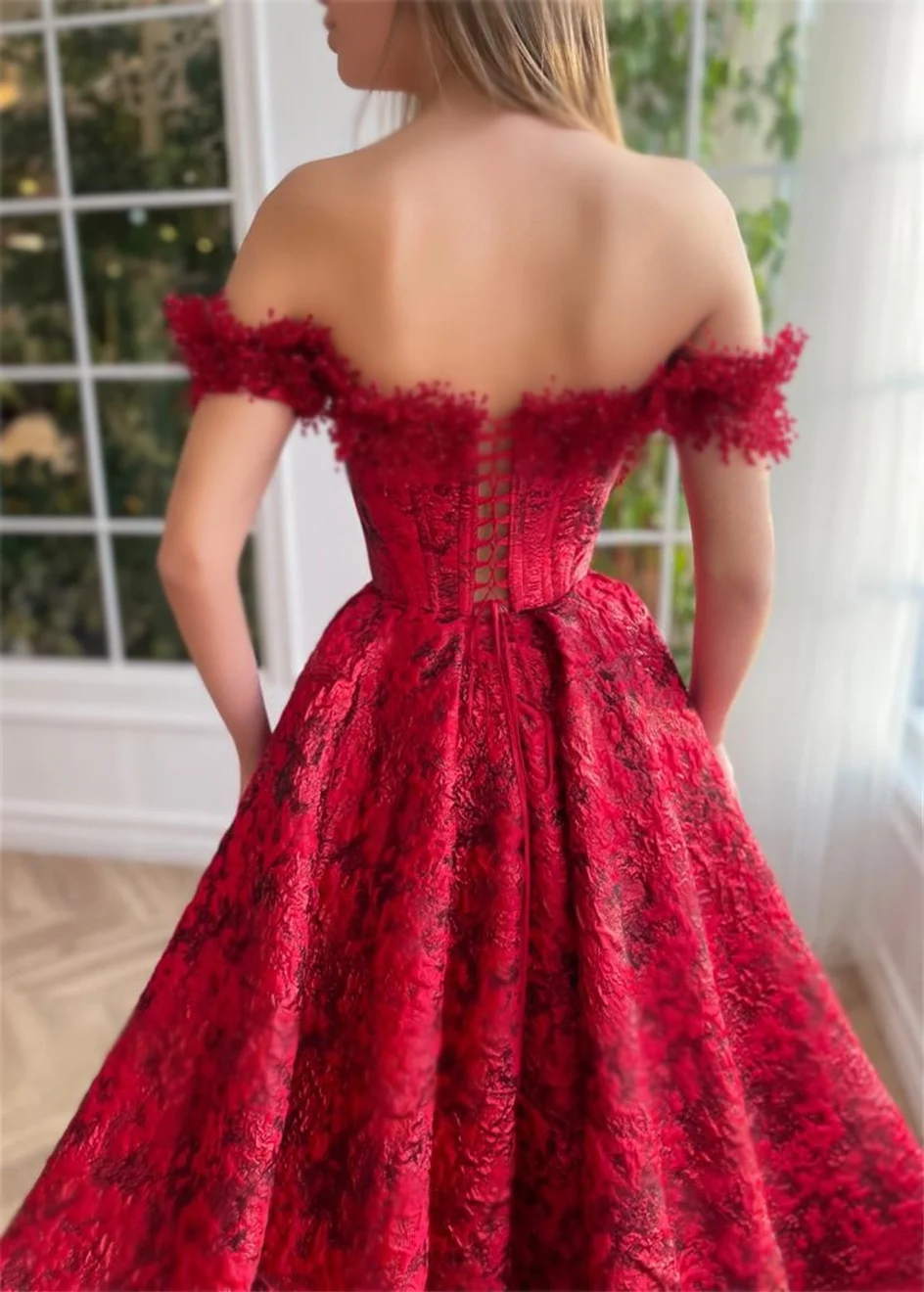 Luxury Red Off the Shoulder A-line Evening Dresses Women Long Printing Flower Corset Side Slit Backless Elegant Prom Dress 2024