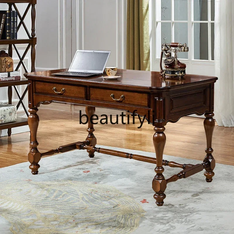 FG28All مكتب من الخشب الصلب دراسة بسيطة من خشب الجوز مكتب كتابة الكمبيوتر على الطراز الأوروبي مكتب فيلا ريترو #5