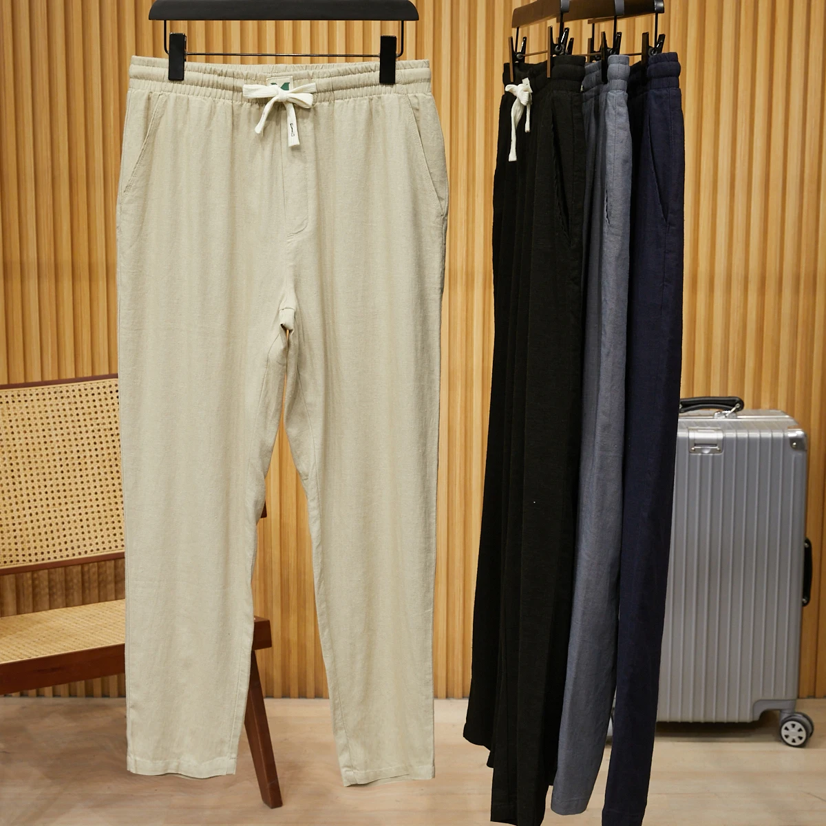 

Мужские повседневные брюки из дышащего хлопка и льна, однотонные, с эластичным поясом, свободного кроя, молодежные, летние, укороченные (9/10)