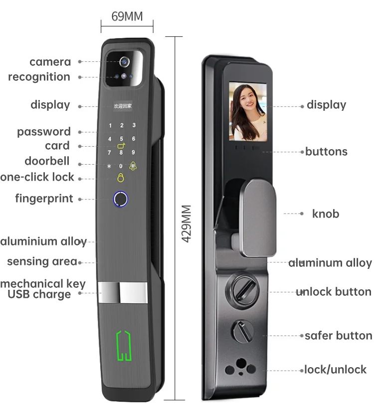 가정용 디지털 지능형 문짝 잠금 장치, 얼굴 인식 스마트 잠금 장치, 6068 장붓 구멍, Tuya 앱 비밀번호